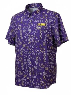 COLUMBIA - LSU theme Performance Fishing Gear button front shirt Large - NWT!